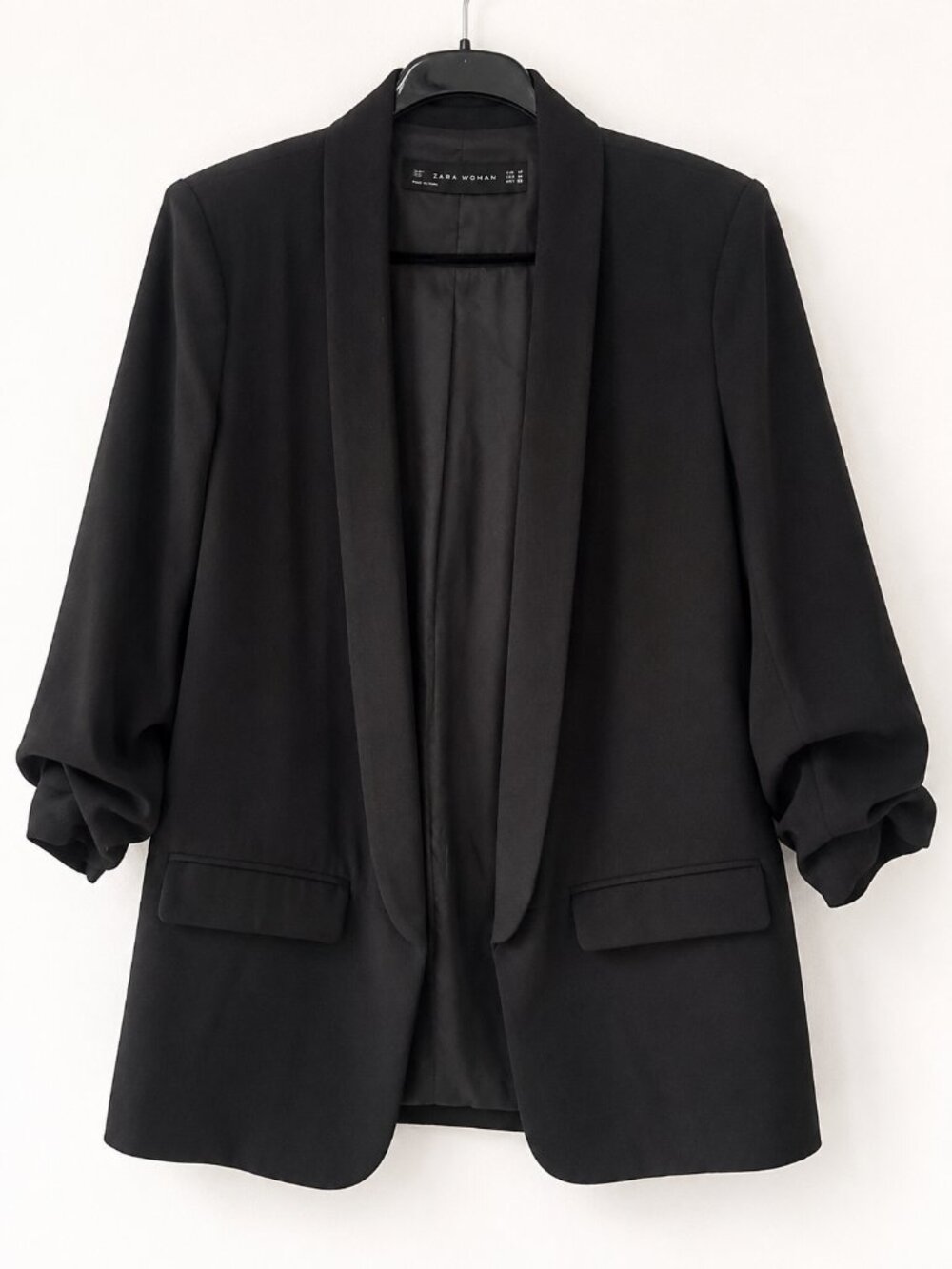 Zara Woman Ruched Sleeve Shawl Collar Longline Blazer | Black
